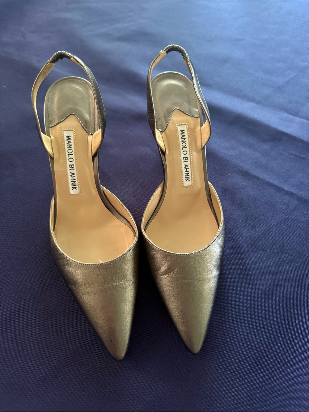 Manolo Blahnik Metallic platinum/Gold Slingback Pointed-Toe Pumps